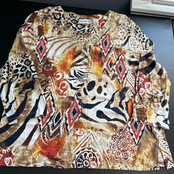 ALFRED DUNNER Women’s XL Animal Print Gold Sequin V Neck T Shirt Stretch L/S - Picture 2 of 15